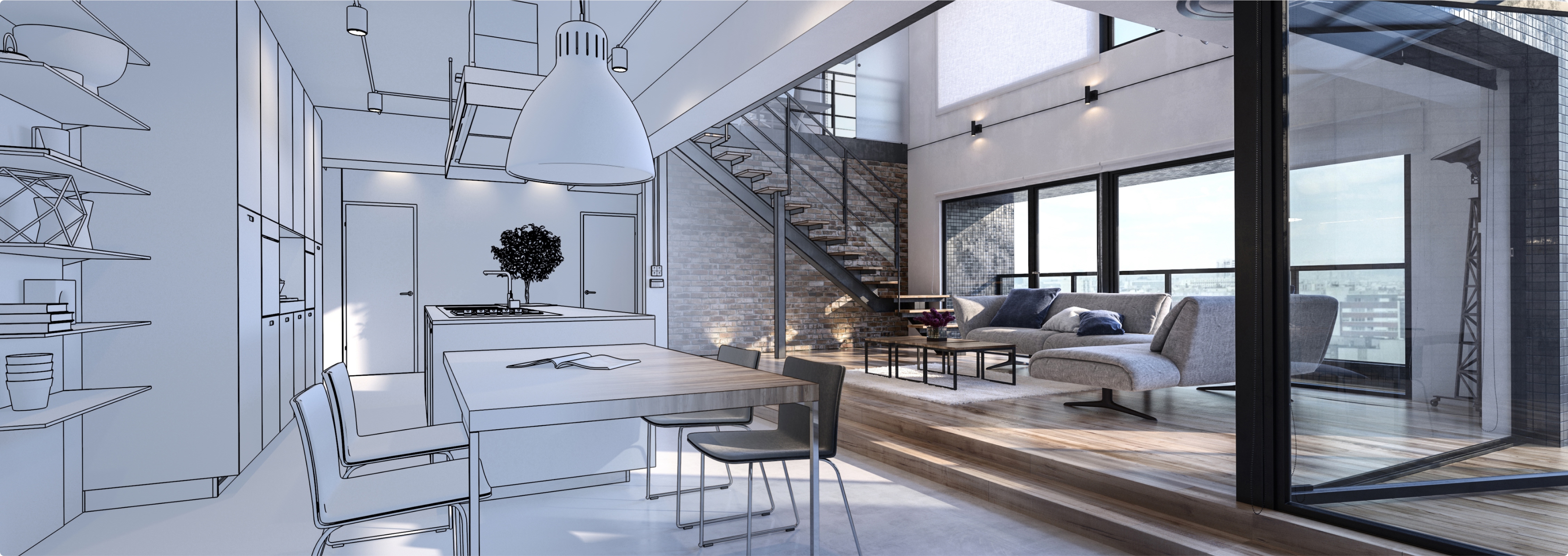 Modern open-plan apartment with blueprint overlay design