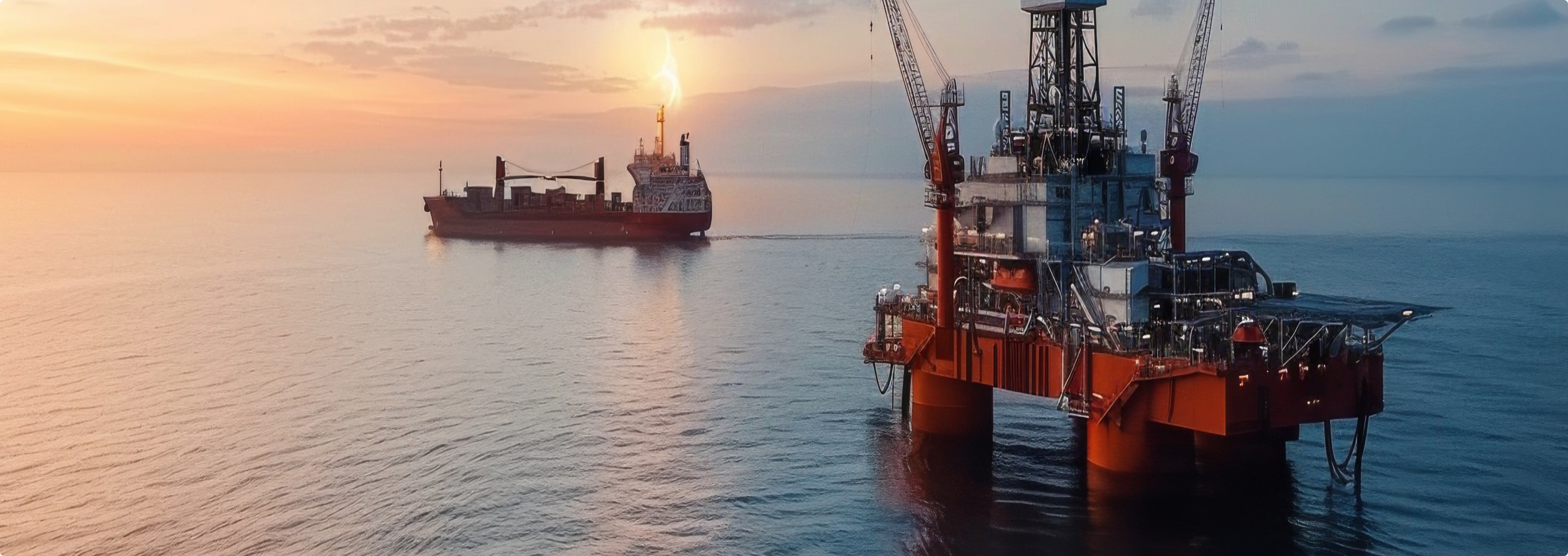 Offshore oil rig and vessel at sunset.