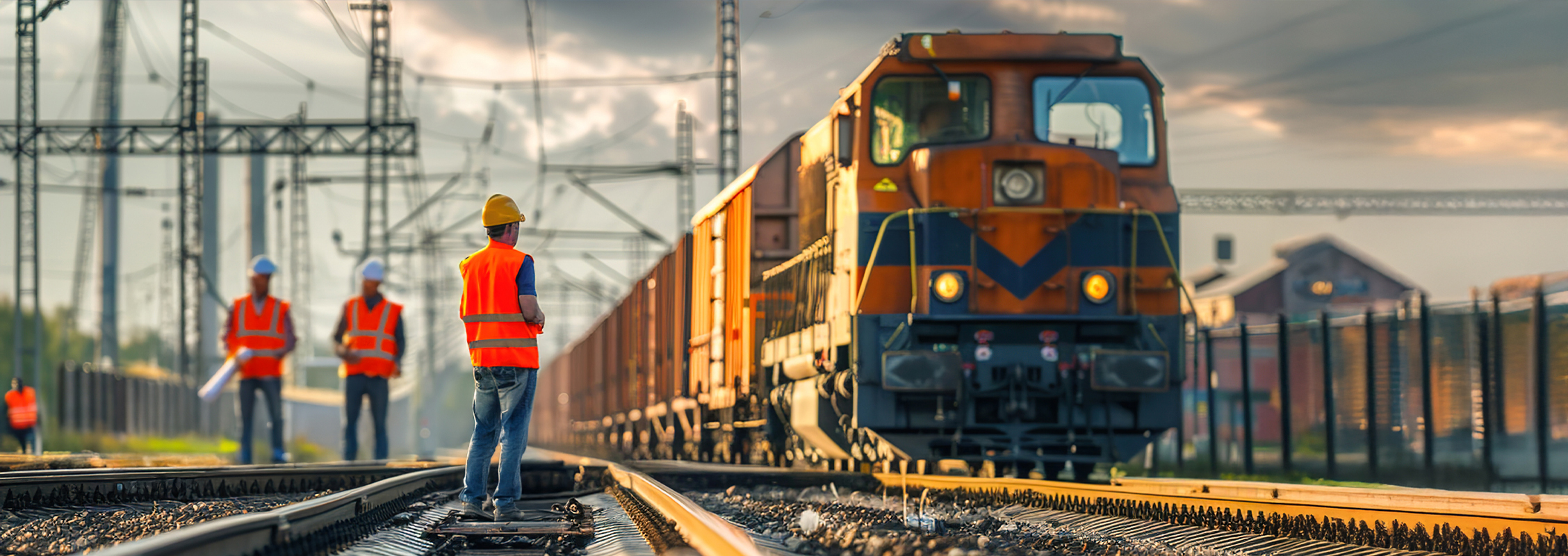 A group of railway workers wearing orange safety vests and hard hats stand on railroad tracks beside a freight locomotive under overhead power lines, with industrial structures in the background